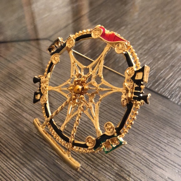 Vintage Goldtone Ferris Wheel Pin with Cars & Trains - Picture 10 of 16